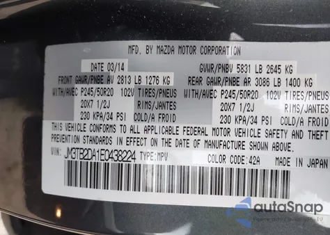 2014 Mazda Cx-9 Grand Touring из США, поврежденный, VIN JM3TB2DA1E0438224